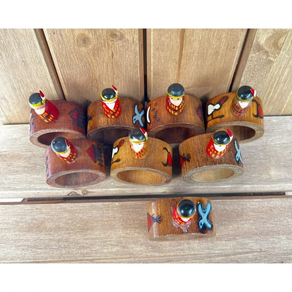 Native American Indian Style Wood Napkin ~ Rings Set of 8 ~ Carved Hand-Painted